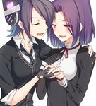  blush breasts closed_eyes eyepatch gloves headgear jewelry kantai_collection mechanical_halo medium_breasts mole mole_under_eye multiple_girls necktie open_mouth purple_hair ring school_uniform short_hair smile tatsuta_(kantai_collection) tenryuu_(kantai_collection) wedding_band yue_teitoku 