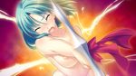  1girl areolae ayase_hazuki blush breasts eyes_closed game_cg green_hair highres kamidere large_breasts nipples nude open_mouth short_hair simple_background solo standing sword tears weapon 
