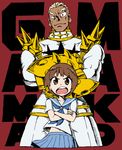  1girl :o armor blonde_hair blue_skirt brown_eyes brown_hair character_name crossed_arms gamagoori_ira gauntlets gold_armor gunbuster_pose height_difference highres kill_la_kill mankanshoku_mako open_mouth red_background round_teeth school_uniform serafuku shirai_keita short_hair skirt spikes tan teeth 