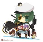  =_= ahoge bad_id bad_pixiv_id black_hair braid brown_eyes brown_hair cape carrying_over_shoulder chameleon_man_(three) chibi closed_eyes eyepatch flat_color green_eyes green_hair hat kantai_collection kiso_(kantai_collection) kitakami_(kantai_collection) kuma_(kantai_collection) long_hair minigirl multiple_girls ooi_(kantai_collection) purple_hair remodel_(kantai_collection) short_hair tama_(kantai_collection) 