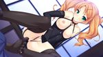  1girl areolae ass ayase_hazuki bare_shoulders breasts censored elbow_gloves feet game_cg garter_straps gloves green_eyes highres kamidere latex legs long_hair looking_at_viewer medium_breasts nipples no_shoes orange_hair pussy sitting smile soles thighhighs thighs toes tokunaga_hoshino twintails 