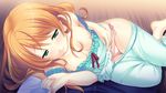  1girl areolae ayase_hazuki blush breasts game_cg green_eyes highres kamidere legs long_hair lying nipples no_bra orange_hair pajamas panties small_breasts thighs tokunaga_hoshino underwear undressing 