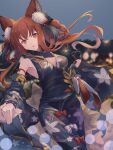  1girl 1other animal_ears anthuria armpits bare_shoulders black_kimono blush bow braided_hair_rings breasts brown_eyes brown_hair coffee1223 commentary_request curvy detached_sleeves eyelashes feet_out_of_frame festival fireworks floating_hair floral_print flower granblue_fantasy hair_between_eyes hair_flower hair_ornament highres holding_hands japanese_clothes kimono long_hair long_sleeves looking_at_viewer medium_breasts night outdoors parted_lips red_bow sidelocks sleeveless sleeveless_kimono solo_focus standing white_flower wide_sleeves 