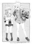  2girls :d absurdres bag blazer blush bow burisuke_(koujiro) cardigan collared_shirt commentary_request crossed_arms eye_contact greyscale hair_bow hair_ornament hair_over_shoulder hairclip hands_on_own_hips highres higuchi_kaede indoors jacket loafers long_hair long_sleeves looking_at_another low_twintails monochrome multiple_girls necktie nijisanji open_cardigan open_clothes open_jacket pleated_skirt ponytail puffy_long_sleeves puffy_sleeves sailor_collar school_bag school_uniform serafuku shirt shoes skirt smile socks standing translation_request twintails very_long_hair virtual_youtuber yuuki_chihiro 