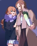  0364p 2girls brown_hair commentary dark_background food hair_ornament hairpin half_updo highres holding holding_food holding_vegetable jacket konoe_kanata konoe_kanata/haruka&#039;s_mother long_hair love_live! love_live!_nijigasaki_high_school_idol_club mother_and_daughter multiple_girls orange_hair sidelocks smile vegetable 