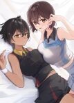  2girls adjusting_hair bare_shoulders bed_sheet black_hair black_shirt black_shorts breast_press breasts brown_eyes brown_hair collared_shirt commentary_request dark-skinned_female dark_skin hair_between_eyes highres large_breasts looking_at_viewer lying midriff midriff_peek multiple_girls navel on_bed open_mouth original pleated_skirt shirt short_hair shorts skirt sleeveless sleeveless_shirt smile sportswear tapioka_(oekakitapioka) tennis_uniform tomboy very_short_hair white_shirt white_skirt white_wristband yellow_eyes 