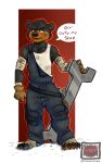 anthro bandage bear clothing coveralls furrowed_eyebrows grease_stains male mammal mechanic paws shirt snarling solo speech_bubble tape tools topwear undershirt wrench yamato_burr yamatopawa