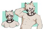 2023 anthro areola canid canine canis fur hair hi_res jrjresq looking_at_viewer looking_away male mammal mihoyo multiple_poses muscular muscular_anthro muscular_male pose red_eyes simple_background solo von_lycaon white_body white_fur white_hair wolf zenless_zone_zero