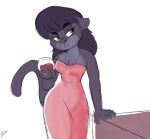 2018 4_claws 4_fingers :&lt; alcohol anthro arm_support bare_shoulders beverage biped black_body black_claws black_eyebrows black_eyelashes black_fur black_hair black_pupils black_tail breasts cheek_tuft chest_tuft claws cleavage clothed clothed_anthro clothed_female clothing cocktail_dress colored container countershade_face countershade_fur countershade_neck countershade_torso countershading cup dated digital_drawing_(artwork) digital_media_(artwork) dress drinking_glass eyebrow_through_hair eyebrows eyelashes facial_tuft felid female female_anthro finger_claws fingers front_view fur fur_tuft glass glass_container glass_cup green_eyes grey_body grey_countershading grey_tuft guide_lines hair jewelry kabula_(artist) long_tail looking_aside mammal mynx_sable necklace pantherine portrait pupils red_clothing red_dress signature simple_background sketch solo standing strapless_clothing strapless_dress tail three-quarter_portrait translucent translucent_hair tuft white_background wine wine_glass