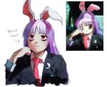  1girl animal_ears black_jacket closed_mouth commentary crescent crescent_pin english_commentary english_text highres himuhino jacket long_hair necktie purple_hair rabbit_ears rabbit_girl red_eyes red_necktie reference_inset reisen_udongein_inaba sleepy solo touhou upper_body 