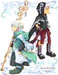  2boys boots cape child eyes_closed green_eyes male male_focus multiple_boys oginy short_hair simple_background staff standing white_hair 