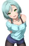  1girl :d absurdres aqua_hair arms_behind_back bang_dream! black_pantyhose blue_shirt blush bra_strap braid breasts cleavage collarbone commentary contrapposto cowboy_shot green_eyes head_tilt highres hikawa_hina looking_at_viewer medium_breasts medium_hair noshimurin off-shoulder_shirt off_shoulder open_mouth pantyhose pantyhose_under_shorts shirt short_shorts short_sleeves shorts side_braid simple_background single_bare_shoulder smile solo standing swept_bangs teeth twin_braids upper_teeth_only white_background 
