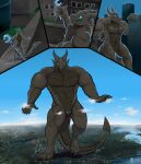 4_toes 5_fingers anthro black_body black_scales blue_eyes blurthefur body_size_growth building city_destruction claws cloud digital_media_(artwork) digitigrade dragon featureless_crotch feet finger_claws fingers giga growth hi_res horn kael_artherion landscape_dwarfing macro magic_user male muscle_growth muscular muscular_anthro muscular_male nude paws scales scalie size_transformation sky skyscraper solo spade_tail staff tail toe_claws toes transformation western_dragon wingless_dragon