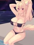  1girl :o animal_ears armpits arms_up bare_arms bare_shoulders bikini blonde_hair blush breasts cat_ears cat_girl cat_tail cleavage collarbone commentary english_commentary eyepatch_bikini highres large_breasts long_hair looking_at_viewer navel nottytiffy open_mouth original patreon_username ponytail red_eyes sitting stomach swimsuit tail thighs tiffy_(nottytiffy) water 