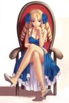  bare_shoulders blonde_hair blue_dress bow breasts chair cleavage crossed_legs dress drill_hair fate/hollow_ataraxia fate_(series) full_body hair_bow hair_ribbon high_heels highres large_breasts legs long_hair looking_at_viewer luviagelita_edelfelt purple_eyes ribbon shadow shoes sitting smile solo tsukikanade 