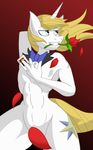  anthro anthrofied blonde_hair blue_eyes bow_tie card cutie_mark equine flower friendship_is_magic gradient_background hair horn horse jrvanesbroek male mammal my_little_pony navel nude pony prince_blueblood_(mlp) rose smile solo teeth unicorn wide_hips 