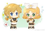  +_+ 1boy 1girl black_shorts blonde_hair blue_eyes blush chibi chinese_commentary commentary_request cosplay detached_sleeves flying_sweatdrops green_eyes hair_ornament hairband hairclip heart highres kagamine_len kagamine_len_(cosplay) kagamine_rin kagamine_rin_(cosplay) link pointy_ears princess_zelda sailor_collar sailor_shirt sheikah_slate shirt shorts spoken_heart sweat the_legend_of_zelda the_legend_of_zelda:_breath_of_the_wild vocaloid weibo_logo weibo_username white_hairband yun_(dl2n5c7kbh8ihcx) 