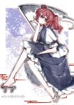  1girl artist_name blue_dress dress frilled_dress frills geta highres huangyou looking_back onozuka_komachi puffy_short_sleeves puffy_sleeves red_eyes red_hair scythe short_sleeves sitting solo touhou two_side_up 