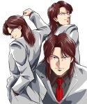  1031hitomachi 1boy arm_up black_eyes blazer brown_hair closed_mouth collared_shirt commentary_request grey_jacket grey_pants grey_shirt highres ichijou_seiya jacket kaiji leaning_forward long_hair long_sleeves looking_at_viewer male_focus medium_bangs multiple_views necktie pants parted_bangs red_necktie sanpaku shirt simple_background smile suit upper_body v-shaped_eyebrows white_background 