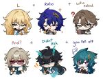  ! !! 1girl 5boys :3 :d :o ? ahoge animal_ears annoyed aqua_eyes aqua_hair aqua_horns aventurine_(honkai:_star_rail) bare_shoulders black_gloves black_hair blonde_hair blue_hair bracelet brown_eyes brown_hair chibi closed_eyes crossed_arms dan_heng_(honkai:_star_rail) dan_heng_(imbibitor_lunae)_(honkai:_star_rail) detached_sleeves dot_nose dr._ratio_(honkai:_star_rail) earrings evil_smile fingerless_gloves fox_ears glasses gloom_(expression) gloves green_eyes hair_between_eyes hair_ornament hand_on_own_chin hand_up hands_on_own_chin heart highres honkai:_star_rail honkai_(series) horn_ornament horns index_finger_raised jewelry l+ratio_(meme) leaf_hair_ornament light_brown_hair long_hair long_sleeves luocha_(honkai:_star_rail) meme multicolored_hair multiple_boys one_eye_closed oversaltedcat parted_lips pointy_ears purple_eyes short_hair simple_background smile smug sparkle streaked_hair sunglasses very_long_hair welt_yang white_background yukong_(honkai:_star_rail) 