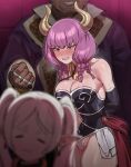  1boy 2girls 5t_(5t_000) =_= absurdres arms_behind_back aura_(sousou_no_frieren) bare_shoulders black_corset black_gloves blurry blush braid breasts cameltoe cleavage clenched_teeth clothing_cutout corset demon_girl demon_horns depth_of_field elbow_gloves elf english_commentary frieren gloves gold_necklace highres holding holding_leash horns jewelry large_breasts leash long_hair looking_at_another low-braided_long_hair multiple_braids multiple_girls multiple_rings navel navel_cutout necklace panties parted_bangs pointy_ears ring skirt sousou_no_frieren sweat teeth torn_clothes torn_skirt twintails underwear white_hair white_panties white_skirt 