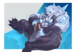 anthro ball_tuft balls bear blue_tattoo bodily_fluids cum cum_drip cum_on_penis dripping electricity eyes_closed feet fur genital_fluids genitals hi_res kawaakumma league_of_legends male mammal masturbation muscular muscular_anthro muscular_male nails pecs penis polar_bear riot_games solo tattoo thick_penis tuft ursine volibear white_body white_fur