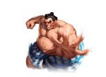  black_hair clenched_hand clenched_teeth edmond_honda facial_mark fat hair_bun highres muscular muscular_male official_art slapping standing street_fighter sumo sweat teeth transparent_background 