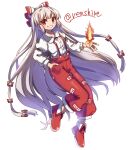  1girl bow collared_shirt commentary fire fujiwara_no_mokou full_body grey_hair hair_bow hand_in_pocket highres long_hair looking_at_viewer ofuda ofuda_on_clothes one-hour_drawing_challenge pants red_eyes red_footwear red_pants renshirenji shirt simple_background solo suspenders touhou twitter_username very_long_hair white_background white_shirt 
