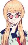  1girl :3 black_gemstone blonde_hair closed_mouth dangle_earrings earrings genderswap genderswap_(mtf) glasses grey_background grey_jacket highres jacket jewelry multicolored_clothes multicolored_jacket multiple_earrings nownnownn paradox_live red_eyes red_jacket ring simple_background solo yeon_hajun 