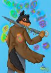 absurd_res anthro black_body black_fur bottomwear brown_body brown_fur canid canine clothed clothing coat fangs fur hi_res looking_at_viewer looking_back magic magic_user male mammal multicolored_body multicolored_fur notched_ear orange_body orange_fur pants pink_eyes rear_view simple_background smile solo tail teeth topwear umbrella unusual_weapon vampire warren_crawford weapon were werecanid werecanine werewolf wispypie