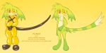 ambiguous_species anthro clothed clothing fur green_body green_fur hi_res labbit1337 lethal_company male mammal model_sheet red_eyes simple_background solo suit tan_body tan_fur yellow_background yellow_sclera
