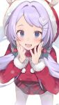  1girl :d absurdres blue_archive blue_eyes blush breasts christmas chromatic_aberration cropped_legs fake_antlers fang fur-trimmed_headwear fur-trimmed_sleeves fur_trim hair_bobbles hair_ornament hairclip hanae_(blue_archive) hanae_(christmas)_(blue_archive) hands_on_own_face hat heart heart_hair_ornament highres holly_hair_ornament large_breasts leaning_forward long_hair long_sleeves looking_at_viewer low_twintails official_alternate_costume open_mouth pantyhose plaid plaid_skirt pom_pom_(clothes) purple_hair red_headwear red_sweater ribbed_sweater simple_background skin_fang skirt smile solo sweater swept_bangs turtleneck turtleneck_sweater twintails white_background white_pantyhose you_guo_chaocai 