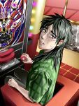  1boy armchair bags_under_eyes black_hair chair commentary_request crying crying_with_eyes_open full_body green_shirt highres indoors itou_kaiji kaiji korean_commentary long_hair looking_at_viewer male_focus medium_bangs pachinko pachinko_ball parted_lips plaid plaid_shirt ron_(ronkij777) sanpaku scar scar_on_cheek scar_on_face scar_on_hand shirt short_sleeves sitting solo tears 