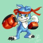 accessory anthro bandai_namco blue_body blue_fur bodily_fluids boxing_gloves canid canine canis claws clothing digimon digimon_(species) domestic_dog fur gaomon grin handwear headband hi_res laught male mammal punch smile solo sweat toe_claws yellow_eyes