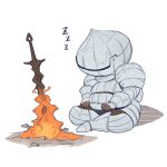  1boy armor armored_boots bonfire_(dark_souls) boots breastplate brown_gloves dark_souls_(series) dark_souls_i full_armor gauntlets gloves helm helmet highres jiro_(ninetysix) shoulder_plates siegmeyer_of_catarina simple_background sitting solo white_background zzz 