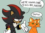 anthro black_body black_fur crossover domestic_cat duo eulipotyphlan felid feline felis feral firestar_(warriors) fur hedgehog hi_res looking_at_another male mammal orange_body orange_fur sad sadmachlne666 sega shadow_the_hedgehog sonic_the_hedgehog_(series) warriors_(cats)