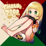  1girl barefoot black_gloves blonde_hair blush closed_mouth cosplay dress eyelashes feet gloves green_eyes hat hat_ornament heart highres kinocopro leaf_(champion)_(pokemon) leaf_(pokemon) leaf_(pokemon)_(cosplay) legs lillie_(pokemon) long_hair long_sleeves milestone_celebration multicolored_background pokemon pokemon_masters_ex pokemon_sm sitting smile solo thank_you toes unworn_hat unworn_headwear white_headwear 