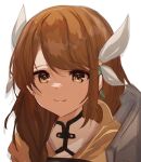  1girl braid braided_ponytail brown_hair closed_mouth fire_emblem fire_emblem_engage goldmary_(fire_emblem) highres hood hood_down hooded_top looking_at_viewer low_ponytail portrait ribbon single_shoulder_pad vofthefairfolk white_ribbon 