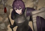  1girl alternate_costume armor battlefield bernadetta_von_varley brown_background dogansa fire_emblem fire_emblem:_three_houses gauntlets grey_eyes highres holding holding_polearm holding_shield holding_weapon looking_at_viewer pauldrons polearm purple_hair shield short_hair shoulder_armor solo spear tearing_up weapon 