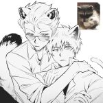  2boys akagi:_yami_ni_oritatta_tensai akagi_shigeru animal_ears cat cat_boy cat_tail closed_mouth collared_shirt commentary_request expressionless fukumoto_mahjong greyscale hair_between_eyes hair_slicked_back highres hirayama_yukio hug long_bangs looking_at_viewer male_focus monochrome multiple_boys one_eye_closed raccoon raccoon_boy raccoon_ears raccoon_tail reference_inset shirt short_hair simple_background suefu sunglasses tail upper_body 