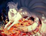  chiou! gen_1_pokemon leaf md5_mismatch multiple_tails ninetales no_humans pokemon pokemon_(creature) red_eyes resized tail traditional_media upscaled 