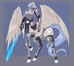 armor blue_fire blue_hair blue_tail boob_armor bottomwear bulge clothing codpiece colored_fire equid equid_taur equine fire flaming_sword gynomorph hair hi_res hooves intersex loincloth mammal mammal_taur melee_weapon pegasus pegasus_taur sword tail taur weapon wings wmdiscovery93