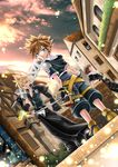  ahiru_no_tamago blonde_hair blue_eyes brown_hair cloud_strife dutch_angle final_fantasy final_fantasy_vii final_fantasy_vii_advent_children final_fantasy_viii fingerless_gloves gloves keyblade kingdom_hearts male_focus multiple_boys over_shoulder sora_(kingdom_hearts) squall_leonhart sword sword_over_shoulder weapon weapon_over_shoulder 