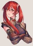  1girl arms_under_breasts artist_name blush breasts brown_gloves closed_mouth cropped_torso crossed_arms detached_sleeves fire_emblem fire_emblem_awakening gloves grey_background hair_between_eyes highres long_hair looking_at_viewer maleficauraa medium_breasts red_eyes red_hair severa_(fire_emblem) simple_background solo twintails twitter_username upper_body 