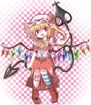  adapted_costume ascot bad_id bad_pixiv_id blonde_hair bow checkered checkered_background fang flandre_scarlet hat hat_bow laevatein leg_ribbon looking_at_viewer mob_cap open_mouth pointy_ears ribbon satorichan shirt short_sleeves side_ponytail skirt solo touhou vest wings 