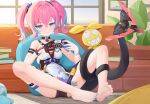  1girl bare_shoulders barefoot black_gloves blue_eyes blue_hair blue_nails closed_mouth controller couch dress feet full_body game_controller gamepad gloves hair_between_eyes highres holding holding_controller holding_game_controller homu_(honkai_impact) honkai_(series) honkai_impact_3rd indoors legs multicolored_hair nail_polish pink_hair rozaliya_olenyeva rozaliya_olenyeva_(fervent_tempo) single_glove sitting soles solo streaked_hair tail tail_around_own_leg toenail_polish toenails toes twintails white_dress wood_cube 