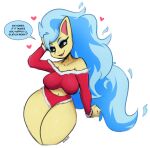 &lt;3 2023 anthro big_breasts black_sclera blue_hair bottomwear breasts clothing dialogue eyebrows eyelashes female generation_1_pokemon hair hi_res hotpants i_am_kat95 long_hair looking_at_viewer midriff nintendo open_mouth open_smile pokemon pokemon_(species) ponyta shorts smile solo tan_body topwear