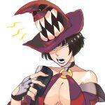  angry bare_shoulders black_hair breasts cleavage fingerless_gloves gloves guilty_gear guilty_gear_xrd hat highres i-no looking_at_viewer luci_omi_gusu microphone open_mouth red_headwear screaming short_hair witch witch_hat 