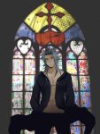  abs black_coat black_coat_(kingdom_hearts) black_gloves black_pants coat commentary_request gloves grey_hair highres hood hood_down hooded_coat indoors kingdom_hearts kingdom_hearts_ii long_coat long_hair long_sleeves minatoya_mozuku muscular muscular_male nobody_(kingdom_hearts) open_clothes open_coat organization_xiii pants pectorals serious spiked_hair stained_glass standing unzipped xemnas yellow_eyes 