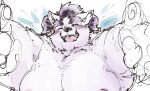 anthro bedding bedding_background behemoth_(housamo) blush clothed clothing exe_exem eyebrows fur hair horn lifewonders lying male monster on_back one_eye_closed pecs purple_hair sketch smile solo thick_eyebrows tokyo_afterschool_summoners topless white_body white_fur wink